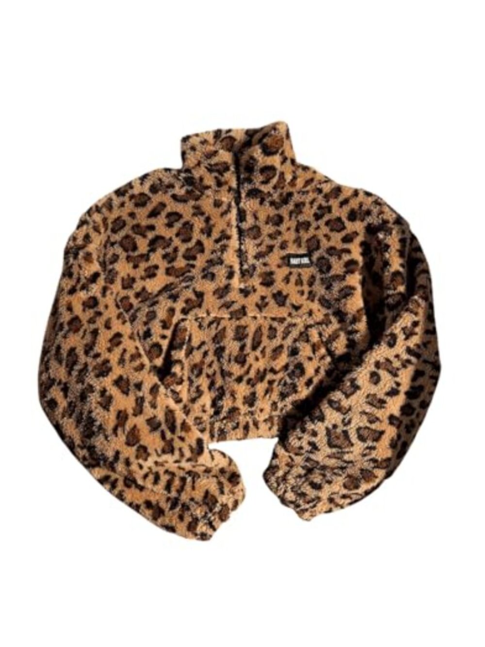 Leopard Fleece Half Zip Mock Neck Cropped Sweatshirt with Pocket